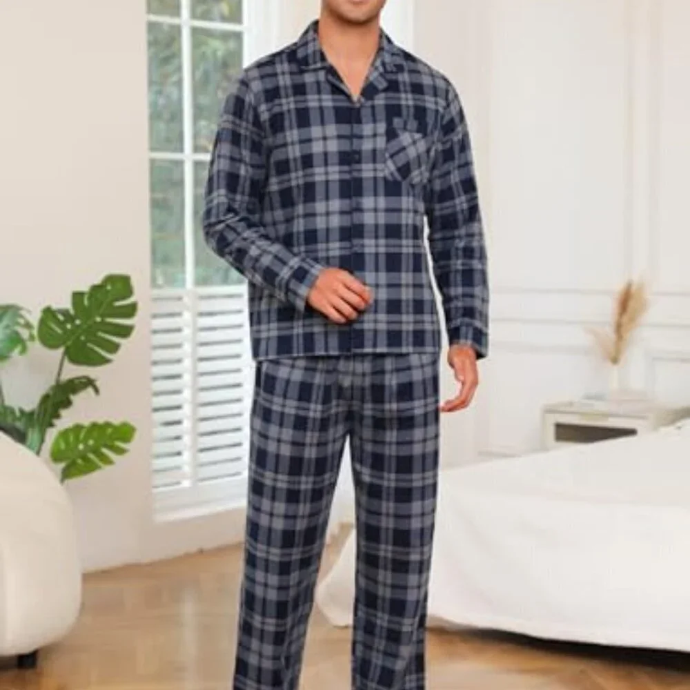 Men's Cotton Flannel Pajama Set Classic Plaid Button Front Sleepwear Lounge